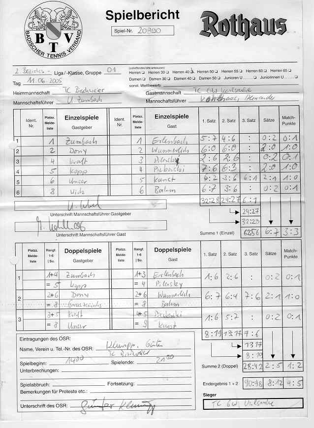 Spielberichtsbogen vom 11.06.2005