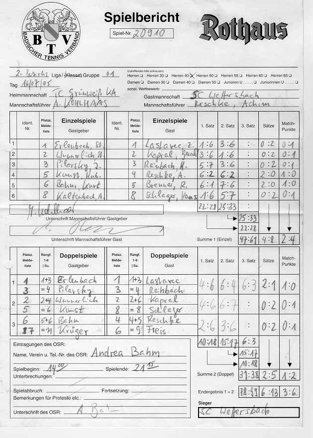Spielberichtsbogen vom 16.07.2005