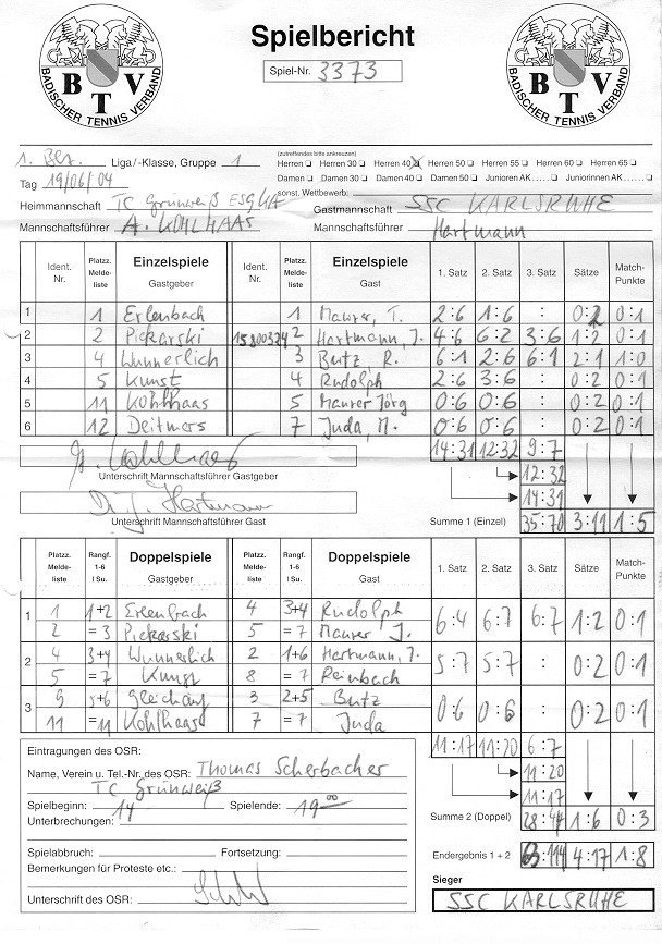 Spielberichtsbogen vom 19.06.2004
