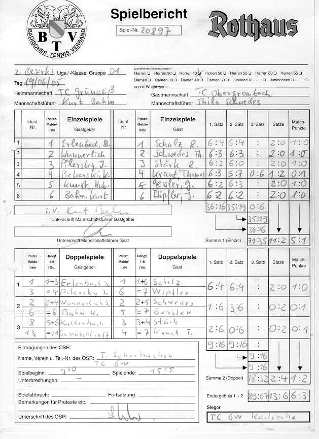 Spielberichtsbogen vom 19.06.2005